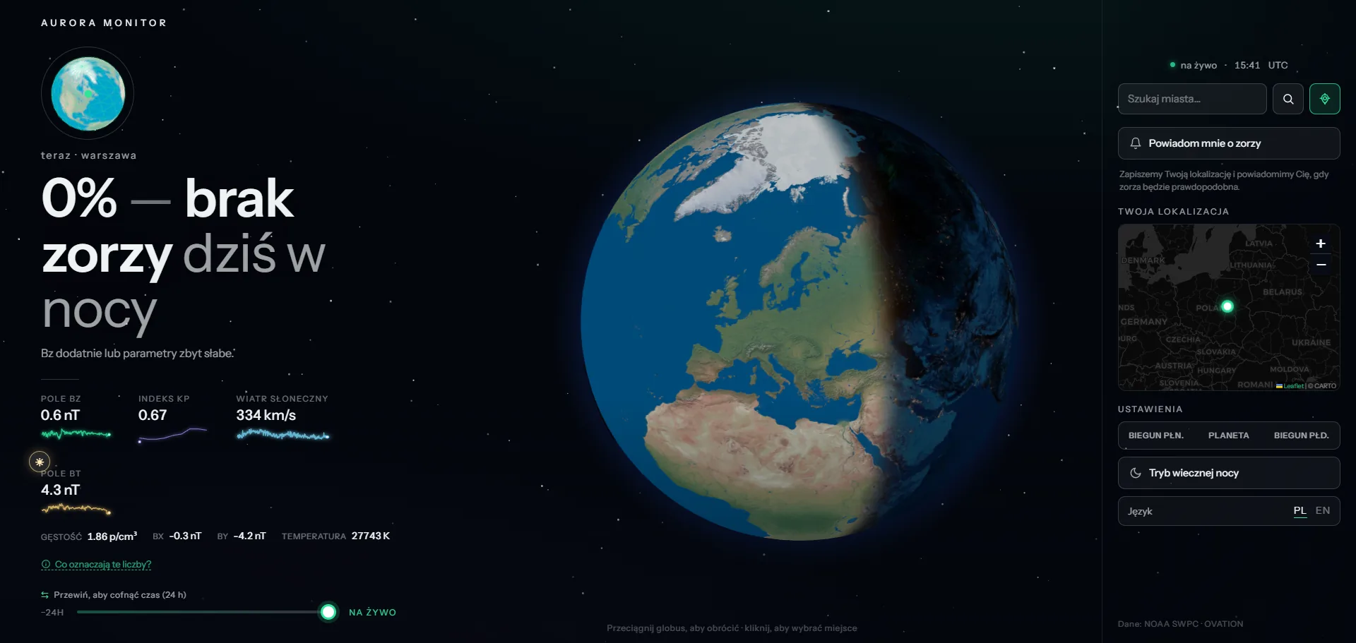 Aurora Monitor — zorza na globusie 3D - zrzut ekranu
